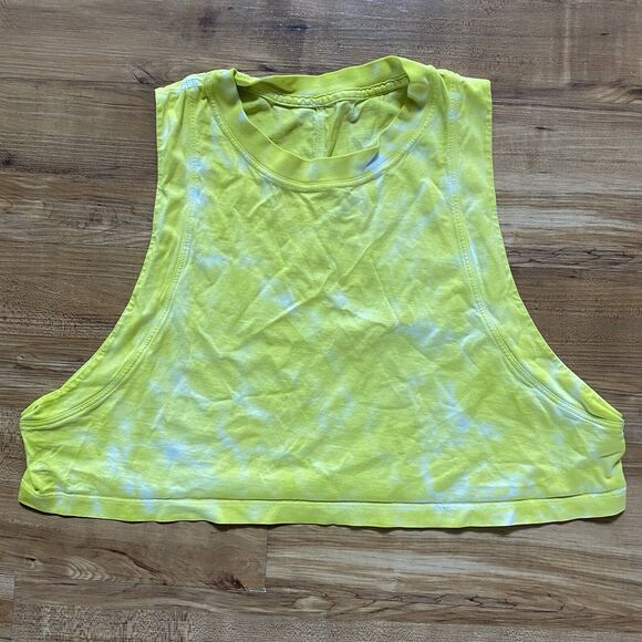 LULULEMON 10 All Yours Cropped Workout Top Pima Cotton Tie Dye Tank Neon Yellow - Picture 4 of 12